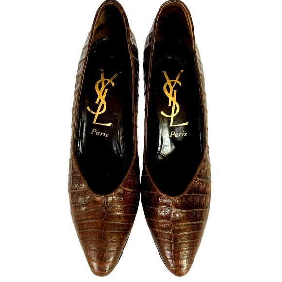 Vintage YSL Yves Saint Laurent Shoes Heels Crocodile Leather Brown Size 9 Italy - Picture 2 of 10